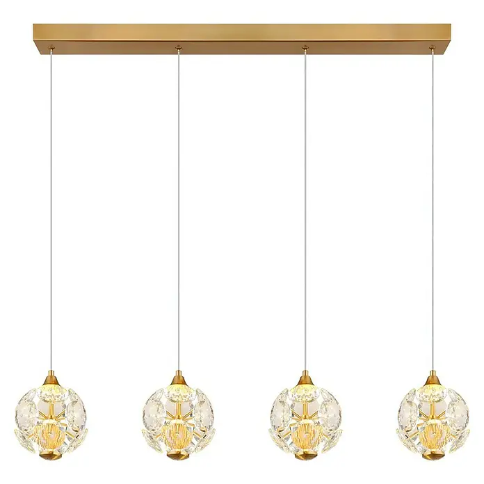 Globo Virina LED-Pendelleuchte - 32 W, L x B x H: 93 x 15 x 150 cm, Klar, Gold - Elegante Pendelleuchte mit vier Kristallkugeln und goldener Aufhängung für stilvolle Beleuchtung in jedem Raum.