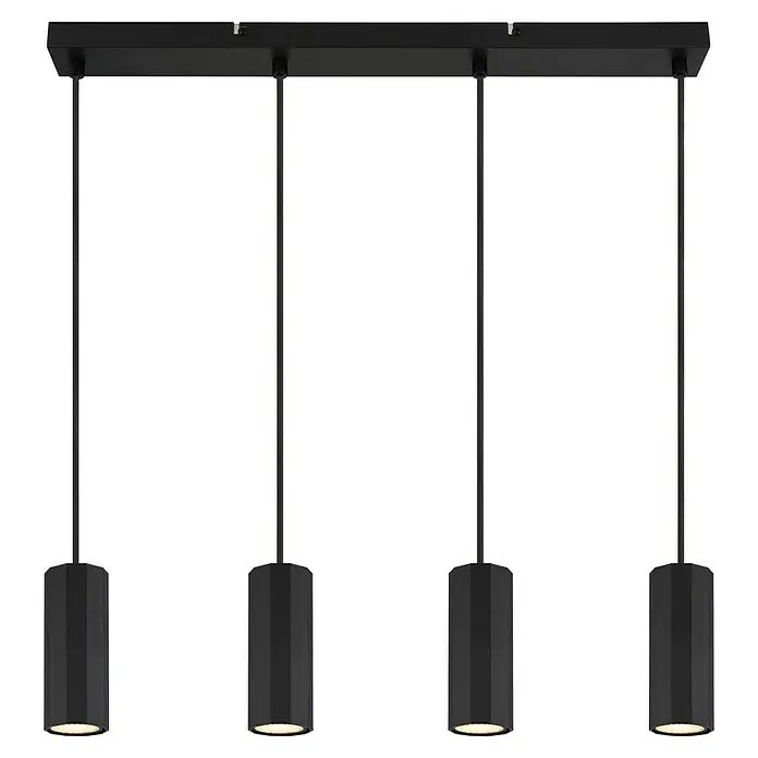 Globo James Pendelleuchte - 25 W, L x B x H: 61 x 6 x 120 cm, Schwarz matt - Moderne Hängeleuchte mit vier schwarzen Zylindern, die von einer rechteckigen Deckenhalterung abgehängt sind. Elegantes Design für stilvolle Beleuchtung.