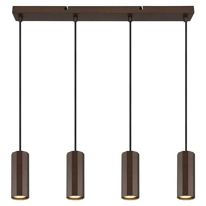 Globo James Pendelleuchte - 25 W, L x B x H: 61 x 6 x 120 cm, Bronze, Bronze - Moderne Pendelleuchte mit vier braunen Zylindern, die von einer rechteckigen Deckenhalterung hängen. Elegantes Design für stilvolle Beleuchtung.