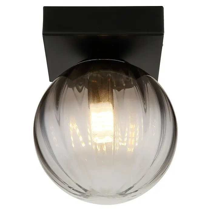 Globo Dallerta Wandleuchte rund Deckenleuchte - 10 W, Ø x H: 12 x 15 cm, Schwarz matt, Rauch, G9 - Nahaufnahme einer modernen Deckenleuchte mit einer runden, geriffelten Glasabdeckung und einer schwarzen Basis.