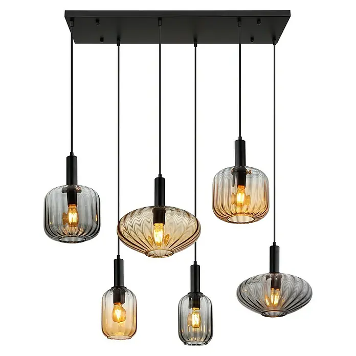 Globo Pendelleuchte Valletta - 60 W, L x B x H: 100 x 47 x 150 cm, Amber, Schwarz matt - Ein modernes Pendelleuchten-Ensemble mit sechs bernsteinfarbenen Glaslampen in unterschiedlichen Formen und schwarzem Baldachin.