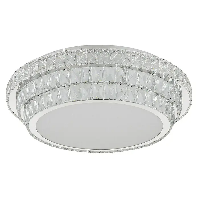 Globo LED-Deckenleuchte rund Klara - 58 W, Klar, Klar, Mehrfarbig, Ø x H: 60 x 15,5 cm - Nahaufnahme einer eleganten, runden Kristall Deckenleuchte mit einer strahlend weißen Basis und mehrreihigen Kristallverzierungen.