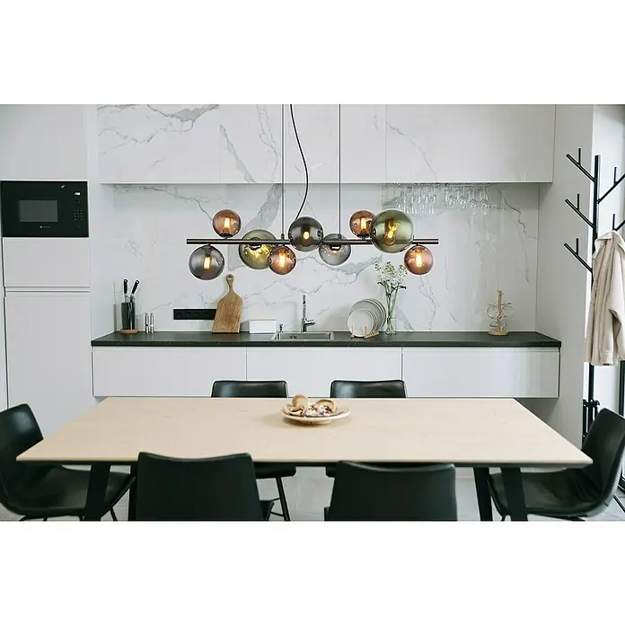 Globo Riha LED-Pendelleuchte - 3,5 W, L x B x H: 86 x 36 x 120 cm, Rauch, Grau matt - Die moderne Pendelleuchte mit ihren bunten Glaskugeln ist ein echter Hingucker über dem Esstisch und beleuchtet den Raum stilvoll.