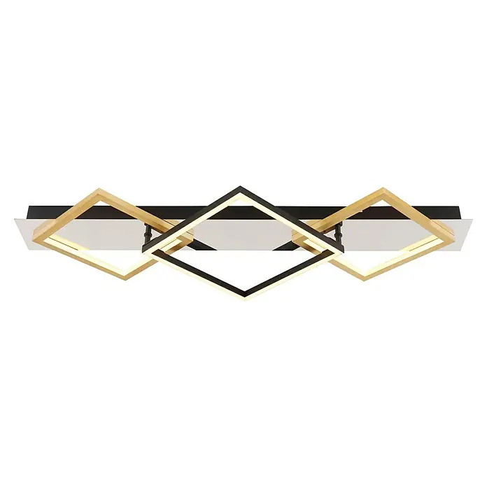 Globo LED-Deckenleuchte Lesina - 32 W, L x B x H: 78 x 35,5 x 7 cm, Silber verchromt, Gold gebürstet, Warmweiß - Moderne Deckenleuchte mit drei quadratischen Rahmen in Gold und Schwarz, die ein elegantes Lichtdesign erzeugen.