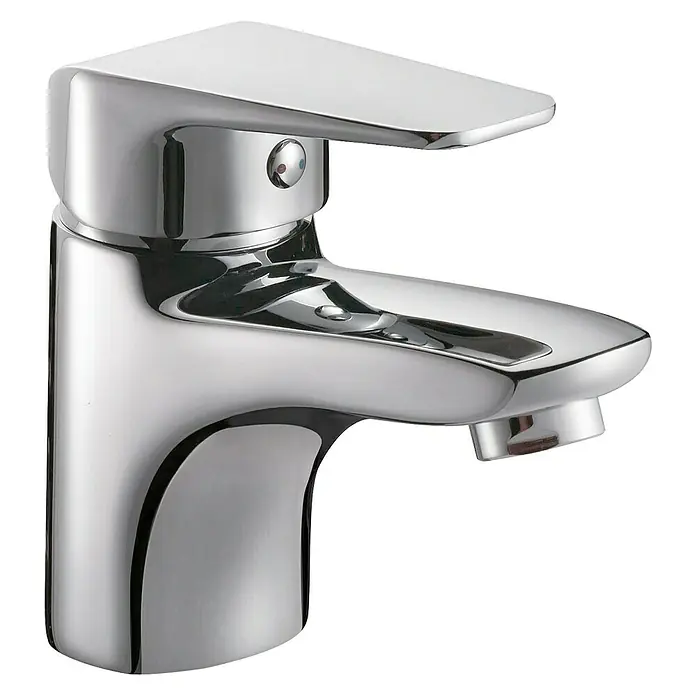Cosmobath Jasper Grifo de lavabo - Cromo, Resplandeciente - Primer plano de un grifo moderno y brillante con parte superior plana y diseño elegante.