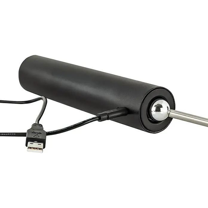 Akku-Pendelleuchte ausziehbar 37 - 163 cm - 7,5 cm, Schwarz, Warmweiß - Detailaufnahme eines schwarzen Massagegeräts mit USB-Anschluss und silberner Kugel für gezielte Entspannung.