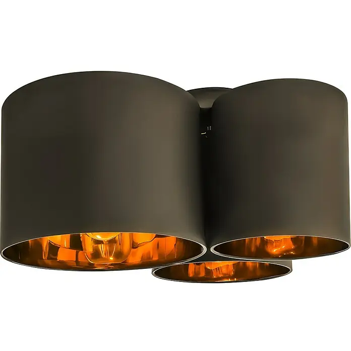 Tween Light LED-Deckenleuchte Padua - 40 W, L x B x H: 50 x 46 x 26 cm, Schwarz, Gold - Nahaufnahme einer modernen Deckenleuchte mit goldenen Innenflächen und dunklen Lampenschirmen, die ein warmes Licht ausstrahlen.