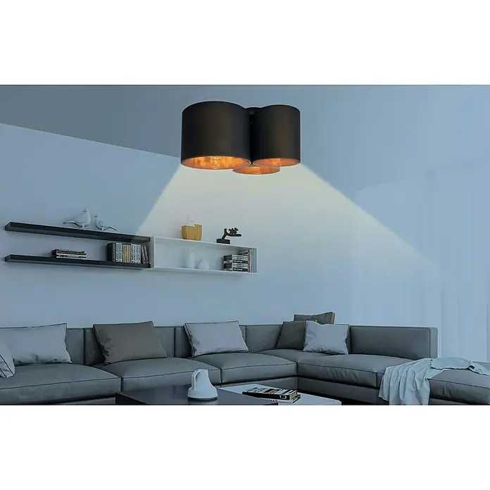 Tween Light LED-Deckenleuchte Padua - 40 W, L x B x H: 50 x 46 x 26 cm, Schwarz, Gold - Moderne Deckenleuchte mit drei schwarzen Lampenschirmen und warmem Licht, ideal für Wohnräume. Elegantes Design für stilvolle Beleuchtung.