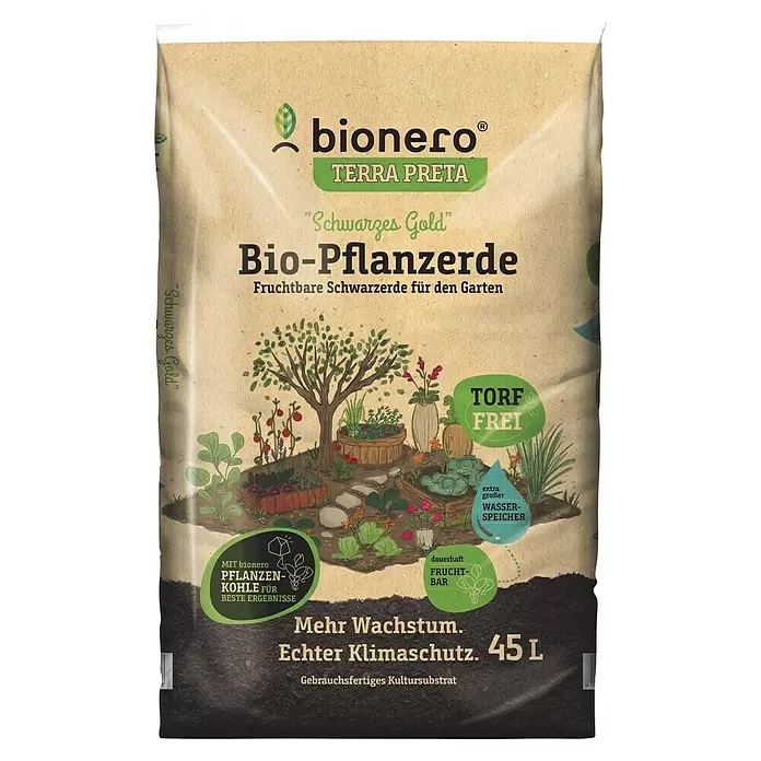 bionero Terra Preta Blumenerde Schwarzes Gold - 45 l - Bionero Terra Preta 45L Sack Bio-Pflanzerde, torffrei, mit Gartenillustrationen.