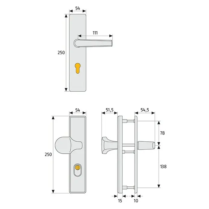 Abus Schutzbeschlag KLSZ 714 - Wohnungsabschlusstür, Bronze, Knopf außen, Drücker innen - Technische Zeichnung einer Türgarnitur mit Griff und Schloss, inklusive Maßangaben.