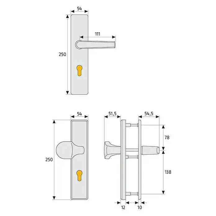 Abus Schutzbeschlag HLT612 - Hauseingangstür, Neusilber, Knopf außen, Drücker innen, Stärke Tür: 52 mm - 72 mm - Technische Zeichnung eines Türdrückers mit Langschild und Maßen, ideal für Baupläne und Produktinformationen.