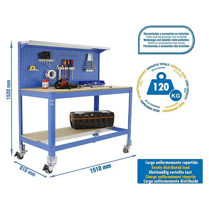 Simonrack Simonwork Werkbank MOBILE BT3 - L x B: 61 x 151 cm, Arbeitshöhe: 144,5 cm, Belastbarkeit: 120 kg, Blau - Blauer Werkstatttisch mit Holzplatte, Lochwand und Rollen, 120 kg Traglast pro Boden.