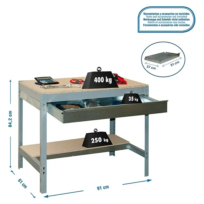 Simonrack Simonwork Werkbank BT0 Box 900 - L x B: 61 x 91 cm, Arbeitshöhe: 84,2 cm, Belastbarkeit: 600 kg, Grau - Produktbild einer Werkbank mit Schublade und Ablagefläche mit den Maßangaben und Gewichten.