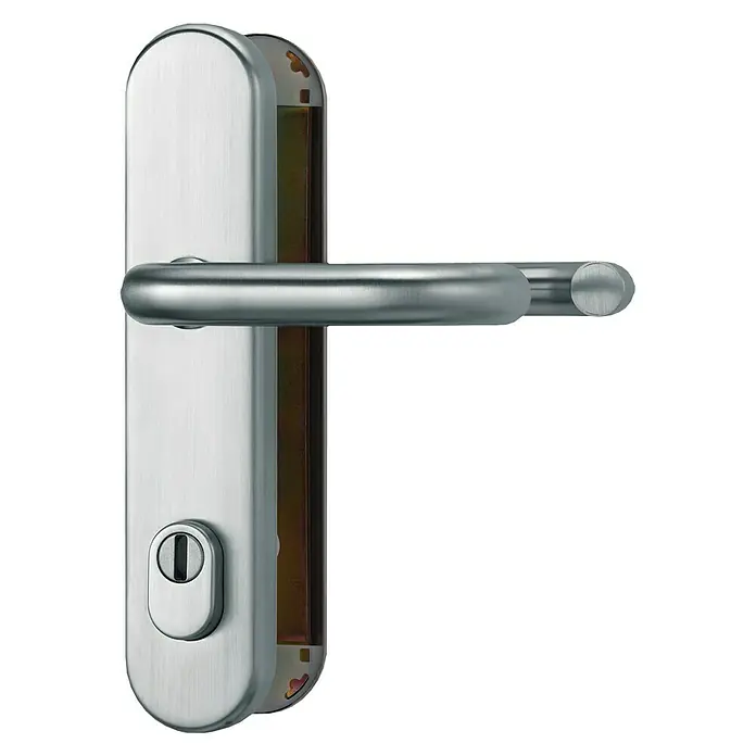Abus Schutzbeschlag HLZS814 - Hauseingangstür, Edelstahl, Drücker beidseitig, Form Schild: Abgerundet, Stärke Tür: 52 mm - 72 mm - Türbeschlag aus Edelstahl mit Hebelgriff und Schlüsselloch für moderne Türen.