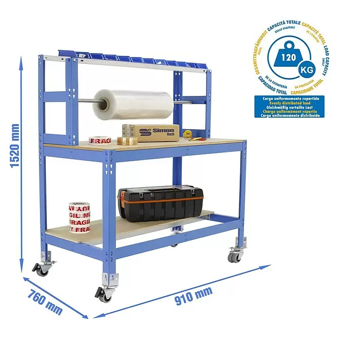 Simonrack Simonwork Werkbank MOBILE BT4 - L x B: 76 x 91 cm, Arbeitshöhe: 156 cm, Belastbarkeit: 120 kg, Blau - Blauer mobiler Packtisch auf Rollen mit Holzablagen, Folienabroller und Behältern. 1520x910x760mm, 120kg gleichmäßig verteilte Last.