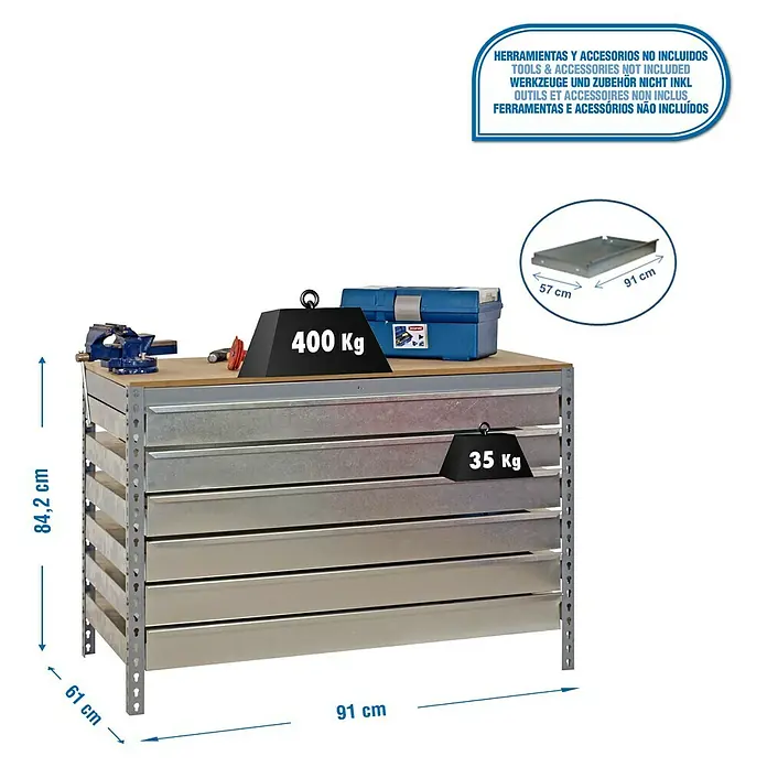 Simonrack Simonwork Werkbank BT5 Box 6 900 - L x B: 61 x 91 cm, Arbeitshöhe: 84,2 cm, Belastbarkeit: 610 kg, Grau - Abbildung einer Werkbank mit Schubladen, Abmessungen und Gewichtsangaben. Werkzeuge und Zubehör sind nicht enthalten.