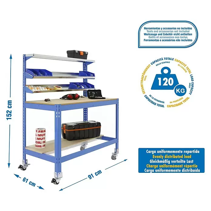 Simonrack Simonwork Werkbank MOBILE BT1 - L x B: 61 x 91 cm, Arbeitshöhe: 152 cm, Belastbarkeit: 120 kg, Blau - Blaue mobile Werkstattbank aus Metall mit mehreren Ablageflächen und Rollen. Werkzeuge nicht enthalten.