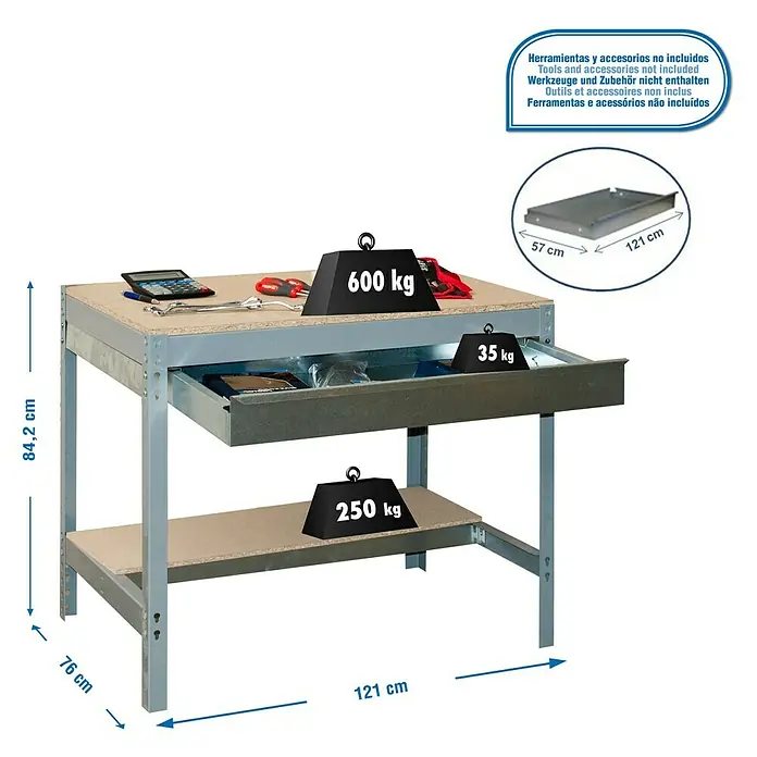 Simonrack Simonwork Werkbank BT0 Box 1200 - L x B: 76 x 121 cm, Arbeitshöhe: 84,2 cm, Belastbarkeit: 600 kg, Grau - Darstellung eines Werkstatttisches mit Schublade, der eine Belastung von bis zu 600 kg aushält. Die Tischmaße sind 84,2 cm Höhe und 121 cm Breite.