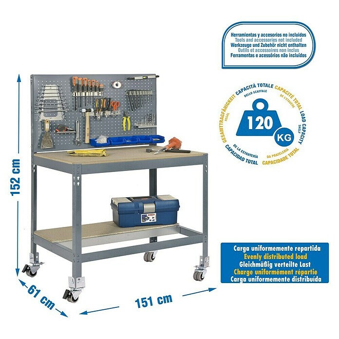 Simonrack Simonwork Banco de trabajo BT2 Mobile (L x Al: 61 x 144,5 cm, Ancho: 151 cm, Capacidad de carga: 280 kg, Gris)
