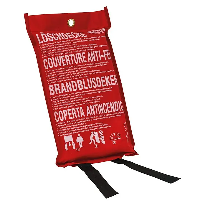 Abus Löschdecke LD1118 - L x B: 1 x 1 m - Fire blanket in red packaging with multilingual instructions, ensuring safety in emergencies.