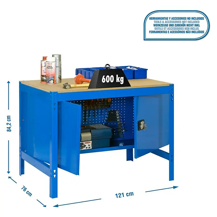Simonrack Simonwork Werkbank BT0 Cabinet 1200 - L x B: 76 x 121 cm, Arbeitshöhe: 84,2 cm, Belastbarkeit: 600 kg, Blau - Werkbank mit blauem Metallrahmen und Holzarbeitsplatte, inklusive Stauraum mit Türen und diversen Werkzeugen auf der Arbeitsfläche.