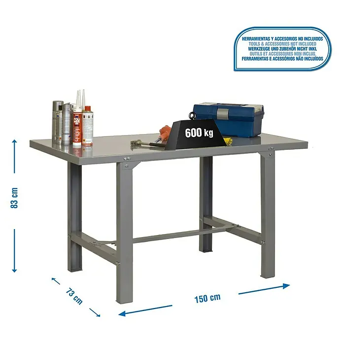 Simonrack Simonwork Werkbank BT6L METAL 1500 - L x B: 73 x 150 cm, Arbeitshöhe: 83 cm, Belastbarkeit: 600 kg, Grau - Grauer Arbeitstisch mit Werkzeugen und Zubehör, Maße 83 cm Höhe, 73 cm Breite und 150 cm Länge.