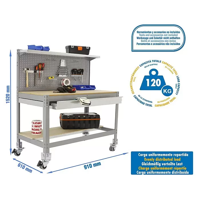 Simonrack Simonwork Werkbank MOBILE BT3 BOX - L x B: 61 x 91 cm, Arbeitshöhe: 144,5 cm, Belastbarkeit: 120 kg, Grau - Graue Metall-Werkbank mit Holzplatte, Lochwand, unterer Ablage und Rollen. Maße: 1520x910x610mm.