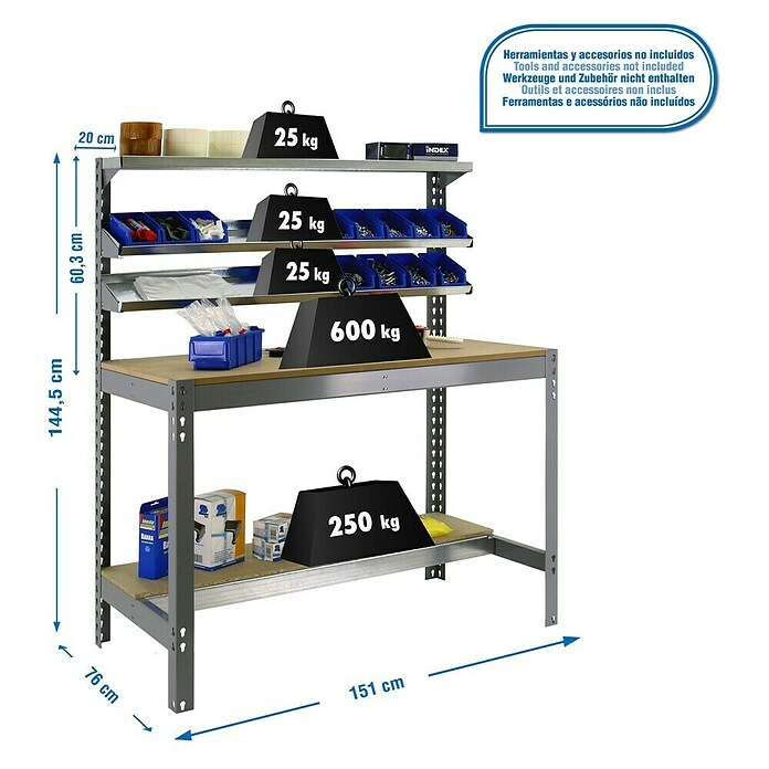 Simonrack Simonwork Werkbank (L x H: 76 x 144,5 cm, Breite: 151 cm, Traglast: 600 kg, Grau)