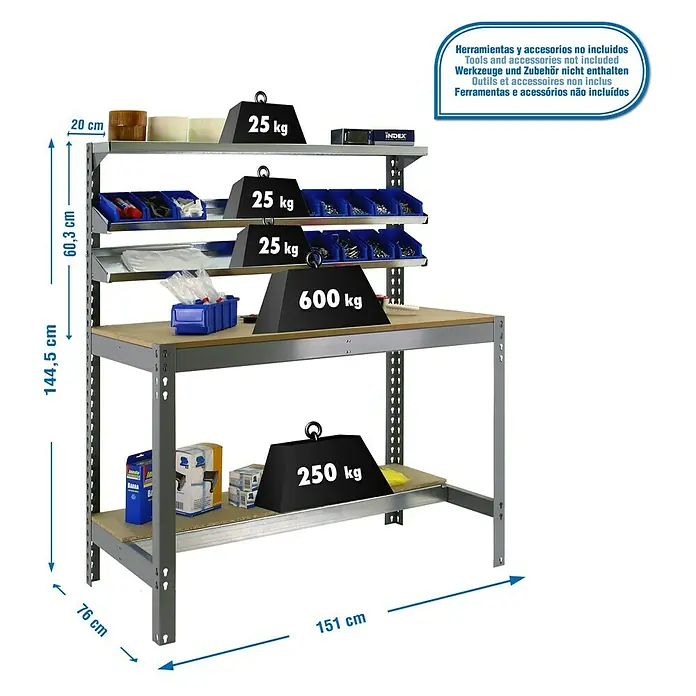 Simonrack Simonwork Werkbank BT1 1500 - Breite: 151 cm, Grau - Produktansicht eines Werkstatttisches mit Regalen und Gewichtsangaben zur Veranschaulichung der Tragfähigkeit.