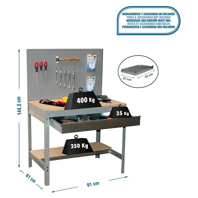 Simonrack Simonwork Werkbank BT2 Box - Grau, Breite: 91 cm - Produktbild einer Werkbank mit Schublade, die Belastbarkeit wird durch Gewichte dargestellt, mit Maßangaben versehen.