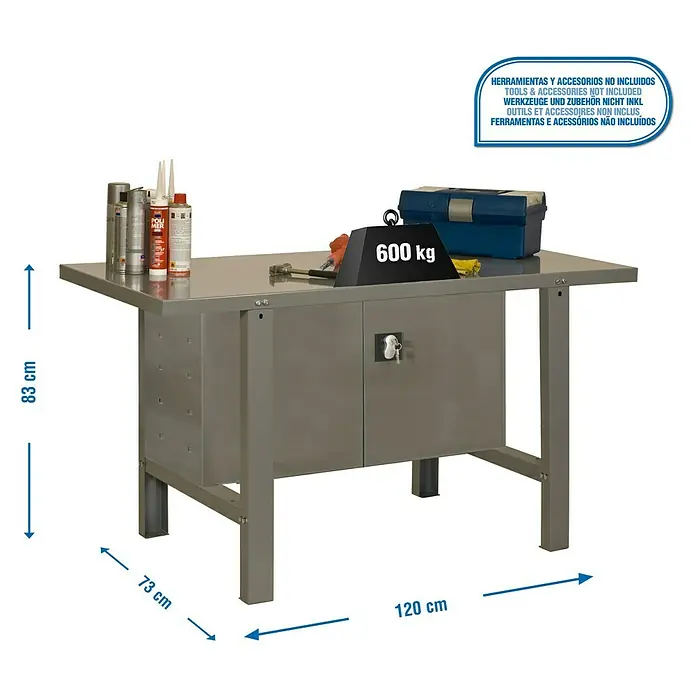 Simonrack Simonwork Werkbank BT6 Metal Cabinet 1200 - L x B: 73 x 120 cm, Arbeitshöhe: 83 cm, Belastbarkeit: 800 kg, Grau - Abbildung einer Werkbank mit Schubladen und Maßen, Werkzeuge und Zubehör sind nicht im Lieferumfang enthalten.