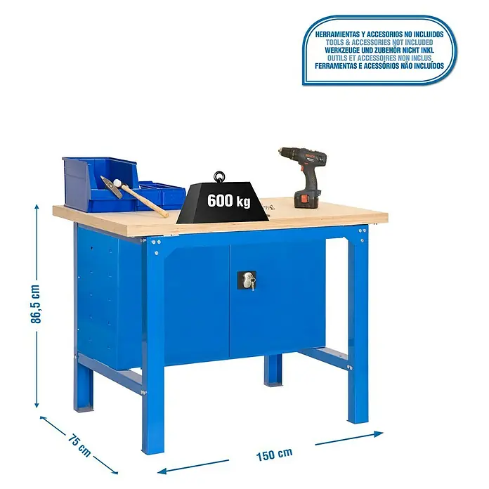 Simonrack Simonwork Werkbank BT6L MDF CABINET 1500 - L x B: 75 x 150 cm, Arbeitshöhe: 86,5 cm, Belastbarkeit: 600 kg, Blau - Das Bild zeigt einen blauen Werkstatttisch mit einer Arbeitsfläche aus Holz. Auf der Fläche liegen Werkzeuge und ein Gewicht von 600 kg.