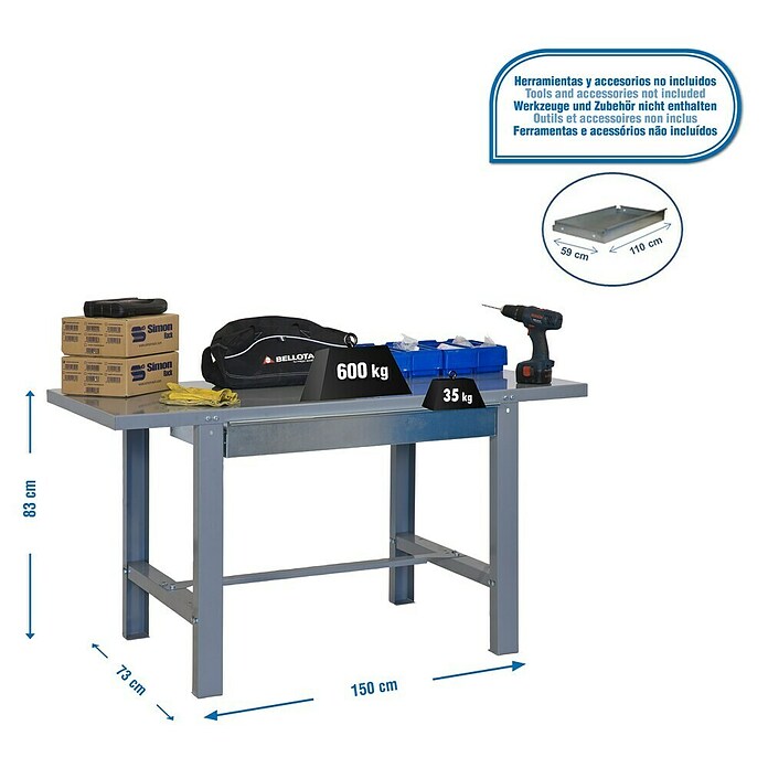 Simonrack Simonwork Banco de trabajo BT6 Box (L x Al: 73 x 83 cm, Ancho: 150 cm, Capacidad de carga: 800 kg, Gris)