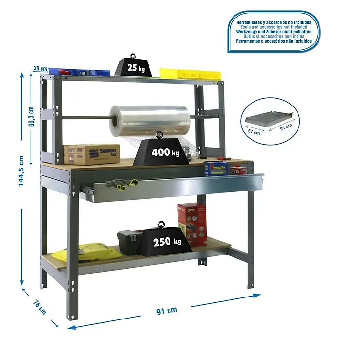 Simonrack Simonwork Werkbank BT4 Box 900 - L x B: 76 x 91 cm, Arbeitshöhe: 144,5 cm, Belastbarkeit: 675 kg, Grau - Abbildung einer robusten Werkbank mit mehreren Ebenen und Gewichtsangaben, die die Tragfähigkeit demonstrieren.