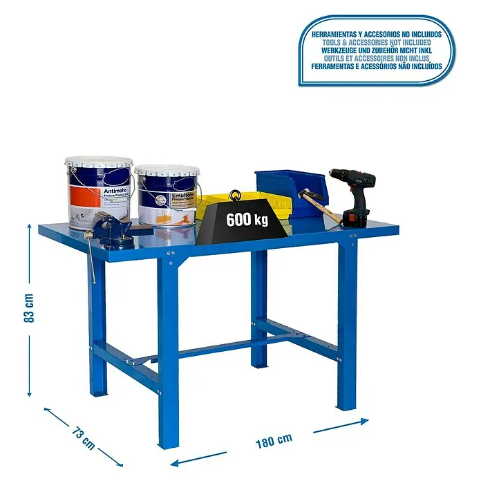 Simonrack Simonwork Werkbank BT6L METAL 1800 - L x B: 73 x 180 cm, Arbeitshöhe: 83 cm, Belastbarkeit: 600 kg, Blau - Produktabbildung eines blauen Werkstatttisches mit Werkzeugen und Zubehör. Werkbank mit Maßen und Hinweisen ohne Zubehör.