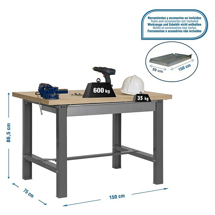 Simonrack Simonwork Banco de trabajo BT6 Box Madera (L x Al: 75 x 86,5 cm, Ancho: 150 cm, Capacidad de carga: 800 kg, Gris)