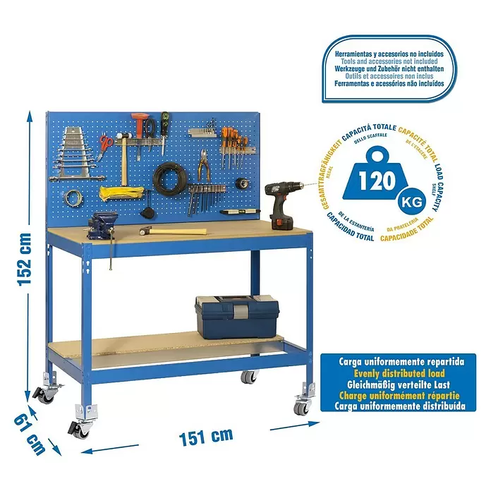 Simonrack Simonwork Werkbank MOBILE BT2 - L x B: 61 x 151 cm, Arbeitshöhe: 144,5 cm, Belastbarkeit: 120 kg, Blau - Blaue Metallwerkbank mit Holzplatte, Lochwand, Rollen und Ablage. Maße: 152x151x61 cm, 120 kg gleichmäßige Traglast.