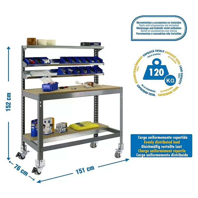 Simonrack Simonwork Werkbank MOBILE BT1 - L x B: 76 x 151 cm, Arbeitshöhe: 152 cm, Belastbarkeit: 120 kg, Grau - Mobiler Werktisch mit grauem Metallrahmen, Holzregalböden und blauen Sortierkästen, auf Rollen, ideal für Werkstattorganisation.