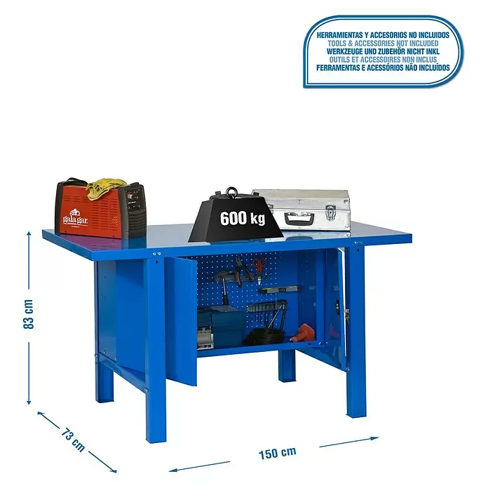 Simonrack Simonwork Werkbank BT6L METAL CABINET 1500 - L x B: 73 x 150 cm, Arbeitshöhe: 83 cm, Belastbarkeit: 600 kg, Blau - Blaue Metallwerkbank mit integrierten Lagerschränken und Lochwand, die ein 600 kg Gewicht trägt, um ihre robuste Bauweise zu zeigen.
