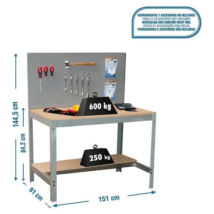 Simonrack Simonwork Werkbank BT2 1500 - Grau, Breite: 151 cm - Werkbank mit Lochwand, ideal für Werkstatt und Hobbyraum, mit Maßen und Gewichtsangaben der Belastbarkeit.