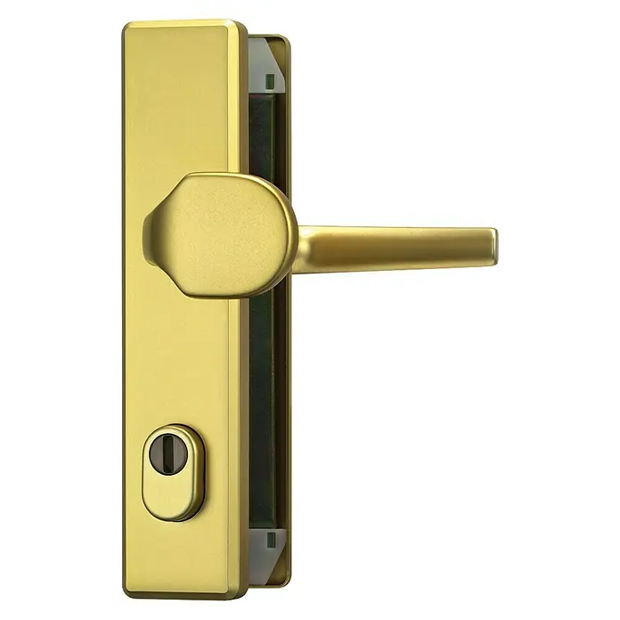 Abus Schutzbeschlag HLZS814 - Hauseingangstür, Messing, Knopf außen, Drücker innen, Stärke Tür: 52 mm - 72 mm - Goldener Türgriff mit Schlossplatte. Ein elegantes Detail für jede Tür, das sowohl Stil als auch Sicherheit bietet.