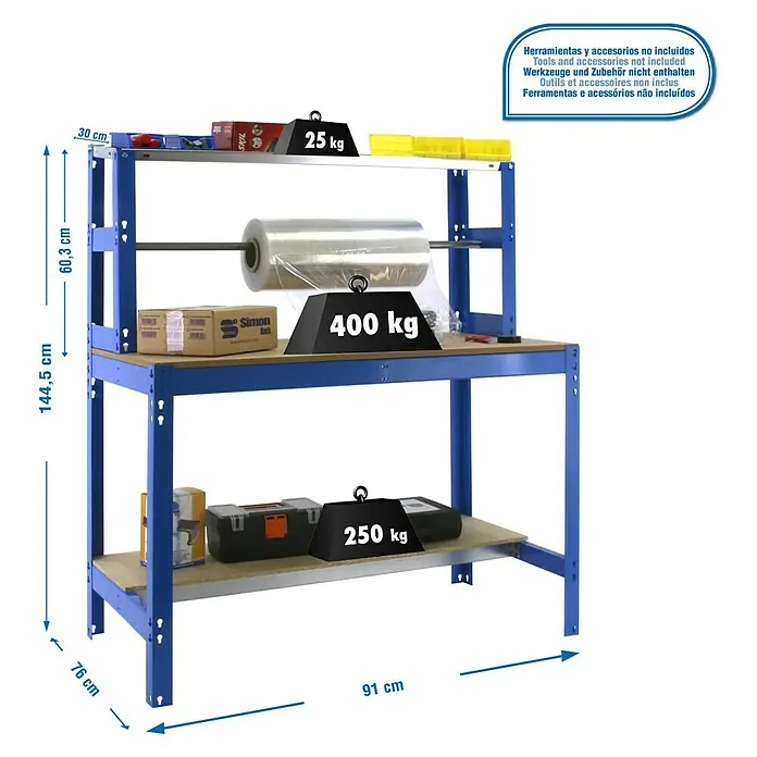 Simonrack Simonwork Werkbank BT4 900 - L x B: 76 x 91 cm, Arbeitshöhe: 144 cm, Belastbarkeit: 675 kg, Blau - Darstellung einer blauen Werkbank mit zwei Ablagen und Gewichtsangaben.