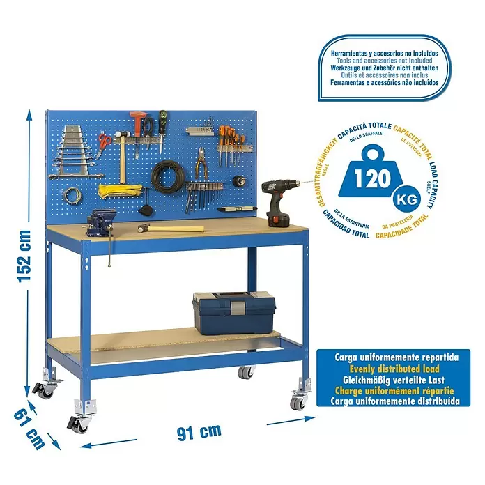 Simonrack Simonwork Werkbank MOBILE BT2 - L x B: 61 x 91 cm, Arbeitshöhe: 144,5 cm, Belastbarkeit: 120 kg, Blau - Blaue mobile Werkbank mit Lochwand, Holzplatte und Ablage. Bietet 120 kg Gesamtkapazität für Werkzeuge.