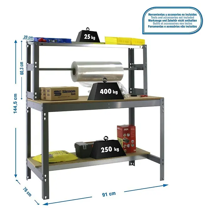 Simonrack Simonwork Werkbank BT4 900 - L x B: 76 x 91 cm, Arbeitshöhe: 144,5 cm, Belastbarkeit: 675 kg, Grau - Darstellung eines Werkbank-Regals mit verschiedenen Abmessungen und Belastungsgewichten.