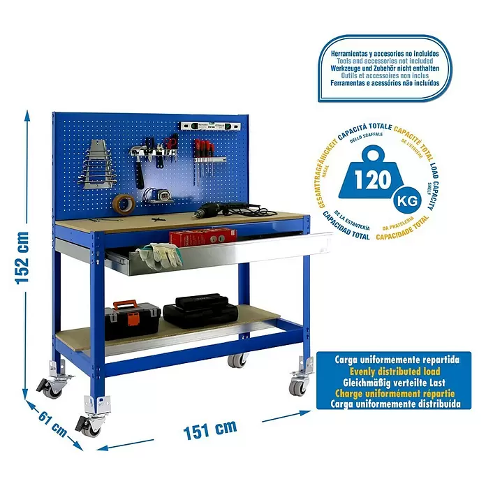 Simonrack Simonwork Werkbank MOBILE BT2 BOX - L x B: 61 x 151 cm, Arbeitshöhe: 144,5 cm, Belastbarkeit: 120 kg, Blau - Blaue Metall-Werkbank mit Lochwand, Holzplatte, Schublade und Rollen. Maße: 152x151x61 cm, 120 kg Tragfähigkeit.