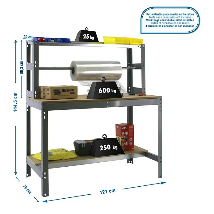 Simonrack Simonwork Werkbank BT4 1200 - L x B: 76 x 121 cm, Arbeitshöhe: 144,5 cm, Belastbarkeit: 875 kg, Grau - Robuster Werkzeugtisch mit drei Ablagen und maximaler Belastbarkeit. Ideal für Werkstattarbeiten.
