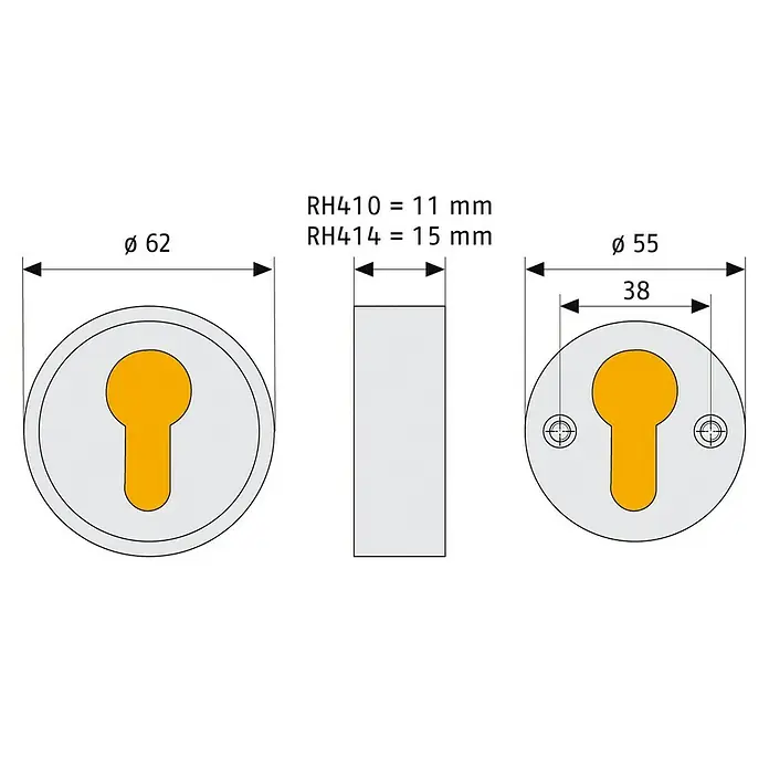 Abus Sicherheitsrosette RH410 - Holztür, Aluminium, Stärke Schild/ Rosette: 11 mm - Technische Zeichnung eines Türbeschlags mit den Maßen 62 mm und 55 mm Durchmesser, Dicke 11 mm/15 mm.