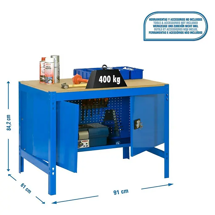 Simonrack Simonwork Werkbank BT0 Cabinet 900 - L x B: 61 x 90 cm, Arbeitshöhe: 84,2 cm, Belastbarkeit: 400 kg, Blau - Abgebildeter blauer Werkzeugtisch mit Werkzeug, Zubehör und Gewichtsangabe.
