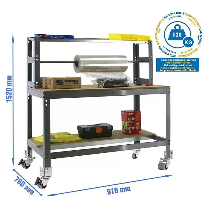 Simonrack Simonwork Werkbank MOBILE BT4 - L x B: 76 x 91 cm, Arbeitshöhe: 156 cm, Belastbarkeit: 120 kg, Grau - Graue Metall-Werkbank auf Rollen mit Holzregalen. Maße: 1520x910x760 mm. Tragfähigkeit: 120 kg.
