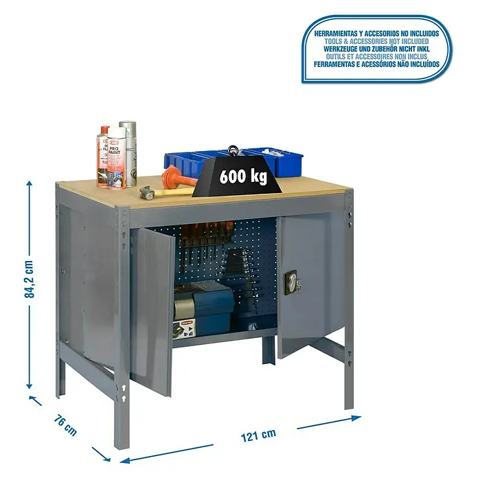 Simonrack Simonwork Werkbank BT0 Cabinet 1200 - L x B: 76 x 121 cm, Arbeitshöhe: 84,2 cm, Belastbarkeit: 600 kg, Grau - Abbildung einer Werkbank mit Werkzeugen und Zubehör, die nicht im Lieferumfang enthalten sind. Die Werkbank hält bis zu 600 kg aus.